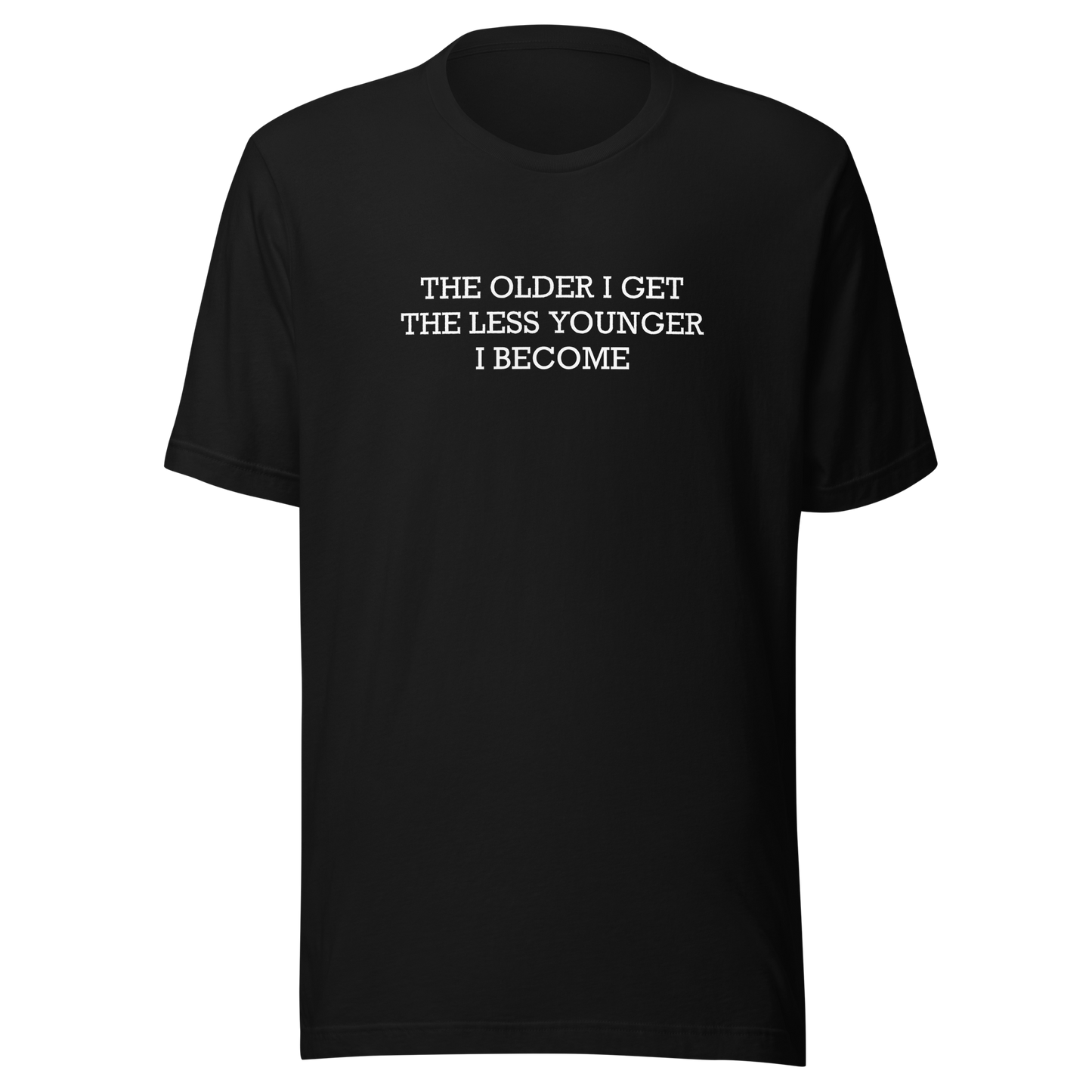 This typographic design features the phrase ‘The older I get the less younger I become’, a funny and ironic take on getting older. A clean and minimalist quote artwork, perfect for fans of sarcastic humor, witty sayings, and relatable designs.