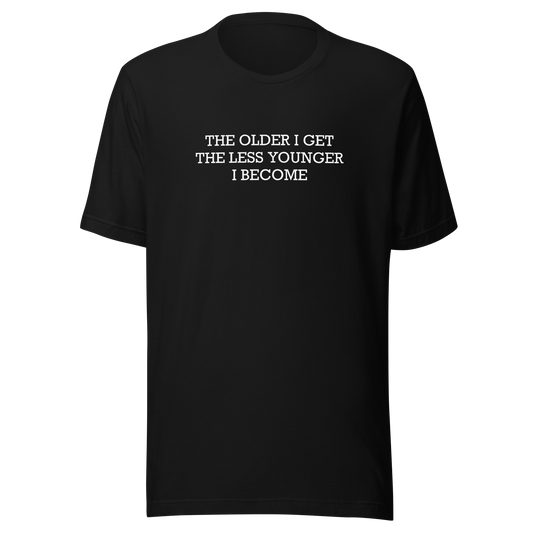 This typographic design features the phrase ‘The older I get the less younger I become’, a funny and ironic take on getting older. A clean and minimalist quote artwork, perfect for fans of sarcastic humor, witty sayings, and relatable designs.