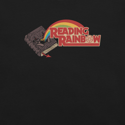A bold and surreal illustration featuring a living, demonic book with a vibrant rainbow emerging from it, paired with the phrase “Reading Rainbow”. A pentagram subtly forms inside the letter O, adding an ironic and edgy twist. Perfect for book lovers, fantasy fans, and those who enjoy dark humour with a playful, graphic vibe.