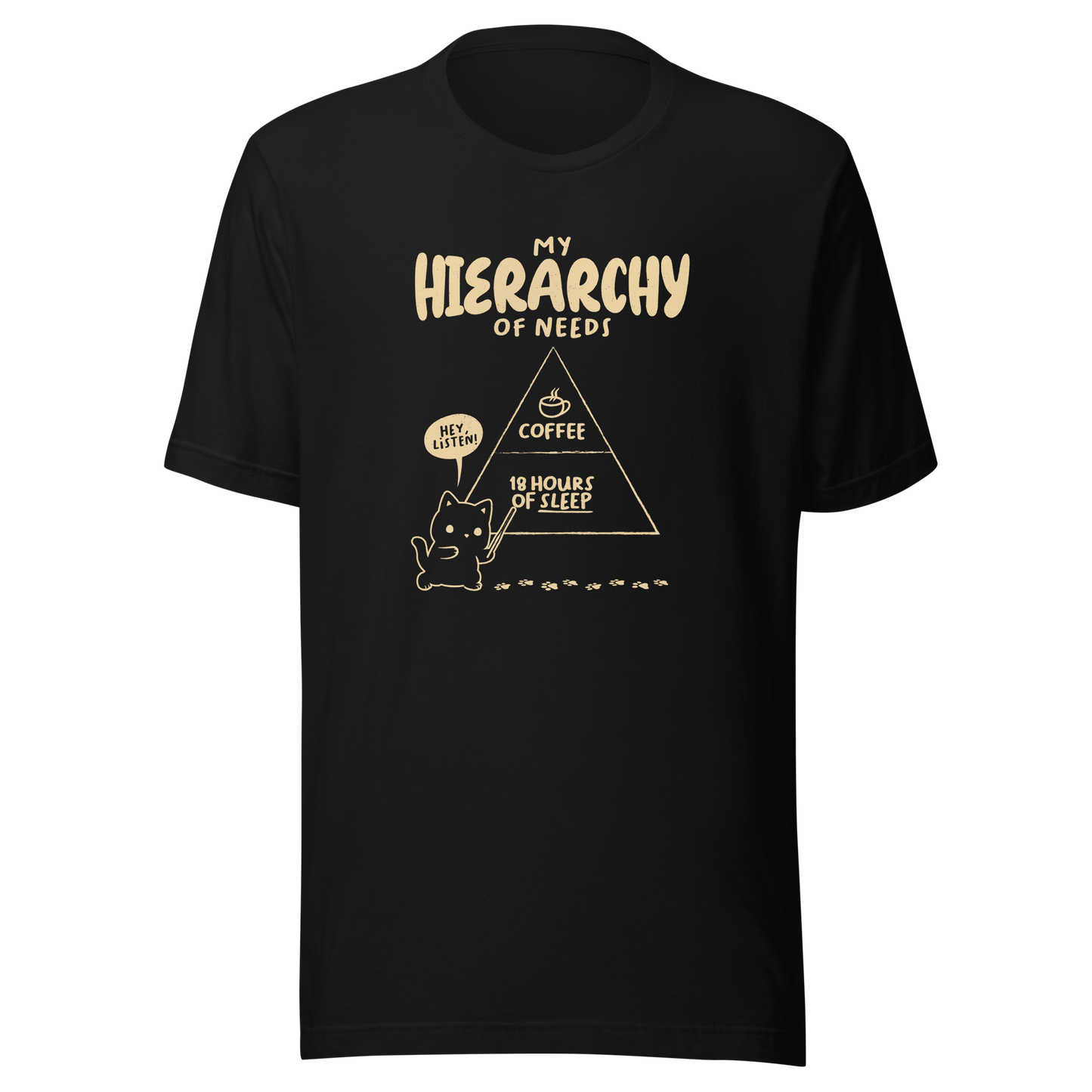 A playful illustration of a cat holding a pointer and presenting its own hierarchy of needs on a triangle chart, with coffee at the very top and 18 hours of sleep right below. A humorous piece for cat lovers who know exactly what really matters.