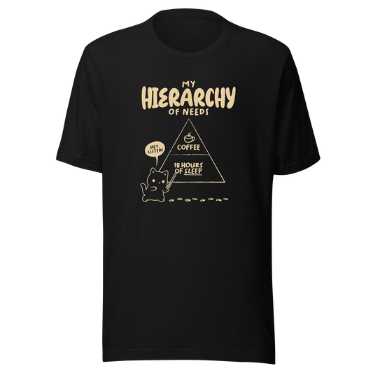 A playful illustration of a cat holding a pointer and presenting its own hierarchy of needs on a triangle chart, with coffee at the very top and 18 hours of sleep right below. A humorous piece for cat lovers who know exactly what really matters.