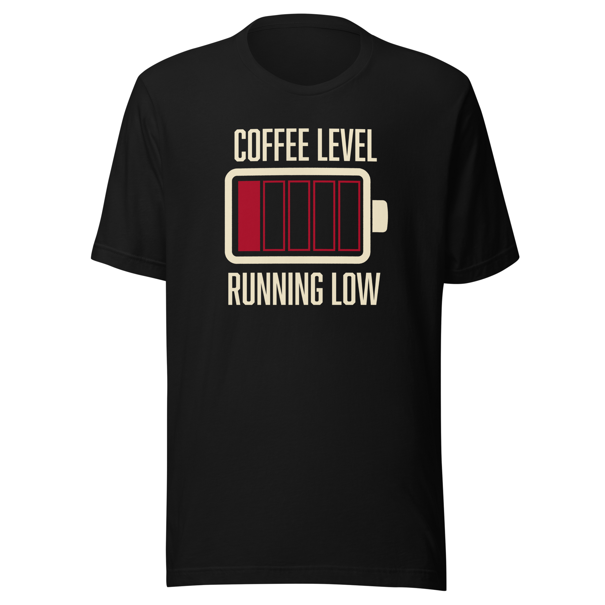 A minimalist artwork featuring a nearly empty battery indicator paired with the phrase ‘Coffee Level Running Low.’ A witty and relatable design for coffee lovers, caffeine addicts, office workers, students, and anyone who runs on coffee to get through the day.