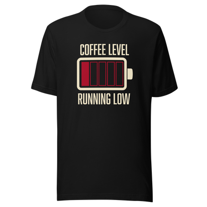 A minimalist artwork featuring a nearly empty battery indicator paired with the phrase ‘Coffee Level Running Low.’ A witty and relatable design for coffee lovers, caffeine addicts, office workers, students, and anyone who runs on coffee to get through the day.