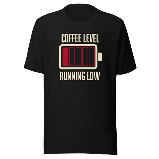 A minimalist artwork featuring a nearly empty battery indicator paired with the phrase ‘Coffee Level Running Low.’ A witty and relatable design for coffee lovers, caffeine addicts, office workers, students, and anyone who runs on coffee to get through the day.