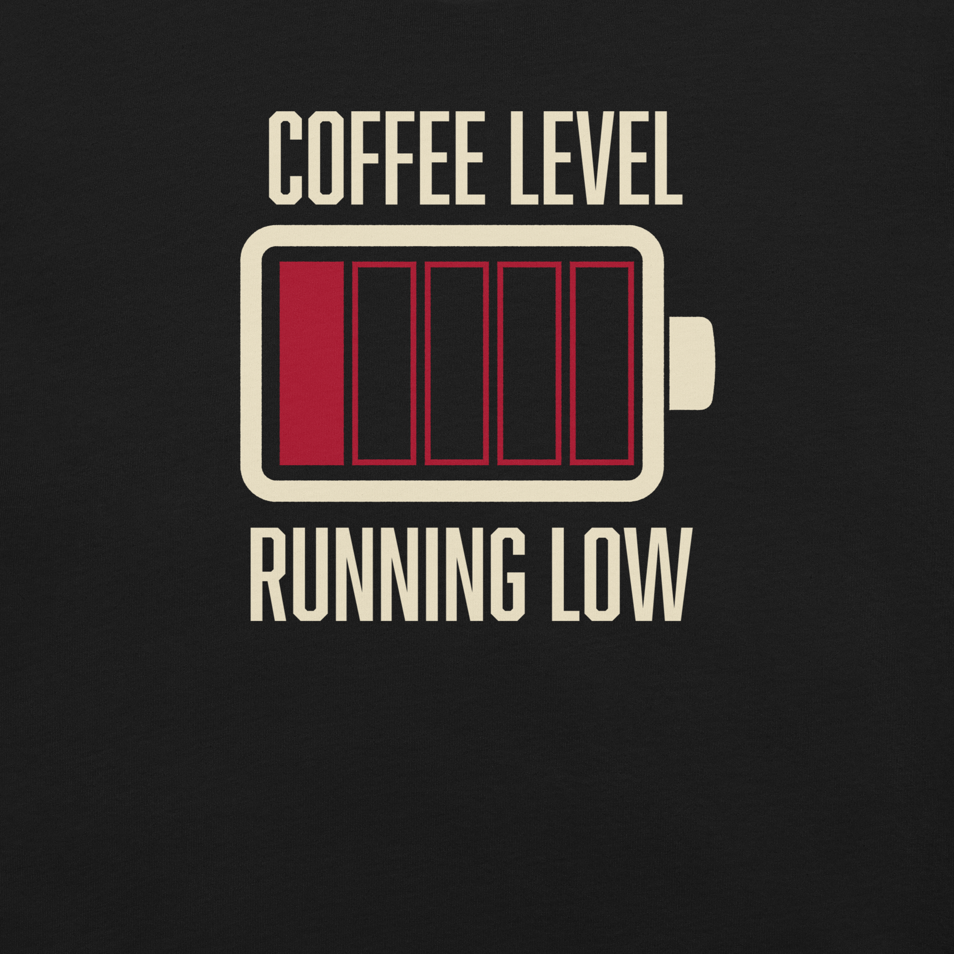 A minimalist artwork featuring a nearly empty battery indicator paired with the phrase ‘Coffee Level Running Low.’ A witty and relatable design for coffee lovers, caffeine addicts, office workers, students, and anyone who runs on coffee to get through the day.