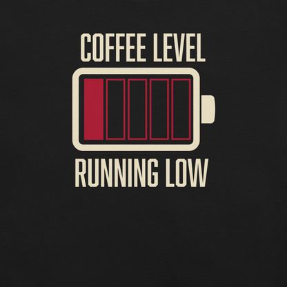 A minimalist artwork featuring a nearly empty battery indicator paired with the phrase ‘Coffee Level Running Low.’ A witty and relatable design for coffee lovers, caffeine addicts, office workers, students, and anyone who runs on coffee to get through the day.