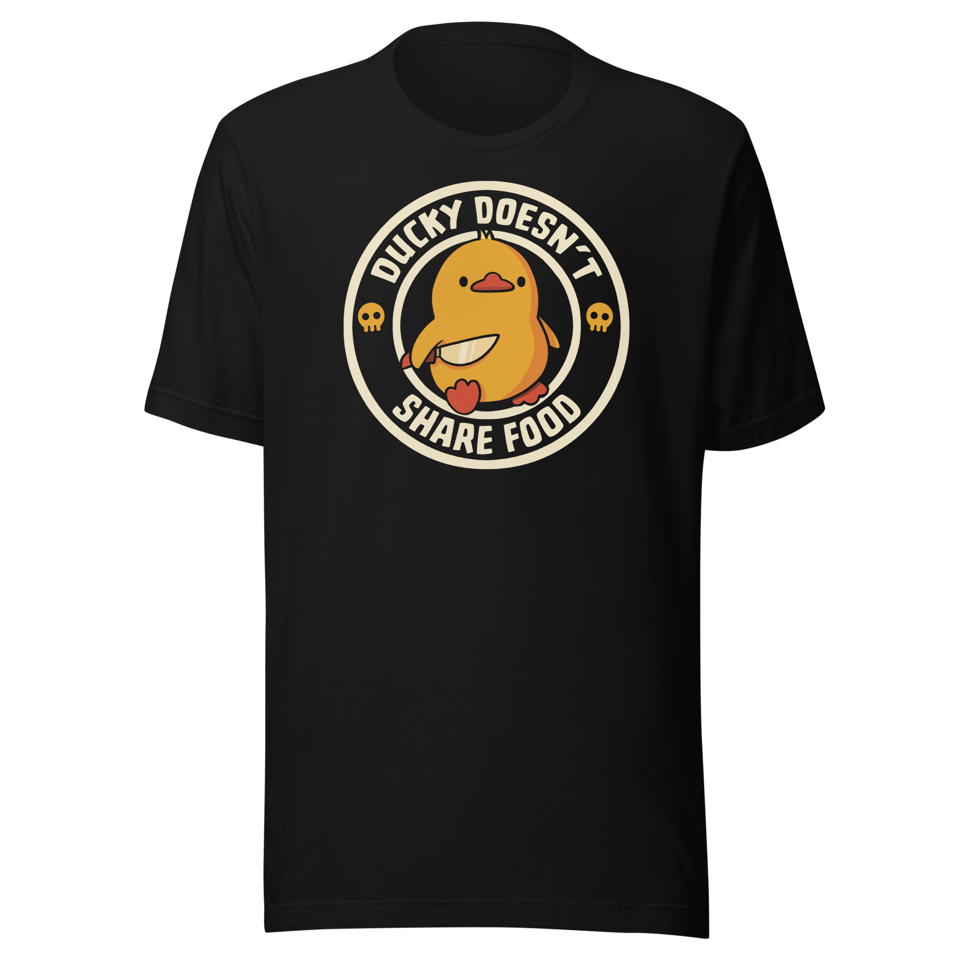 A cute yellow duck holding a small knife, paired with the phrase “Ducky Doesn’t Share Food”. A funny and sarcastic design that contrasts adorable looks with an aggressive, food-protective duck attitude.