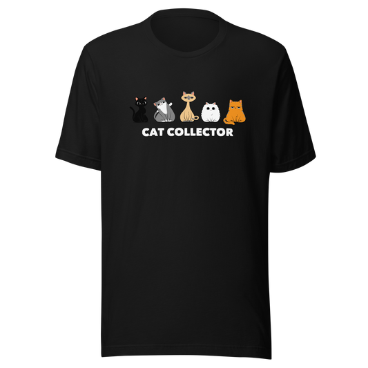 An adorable illustration featuring five kittens sitting side by side: a black kitten, a gray and white kitten, a Siamese, a fluffy white, and an orange cat. Below them, the phrase “Cat Collector” celebrates the joy of loving (and collecting) cats. A playful and charming design perfect for true cat lovers.