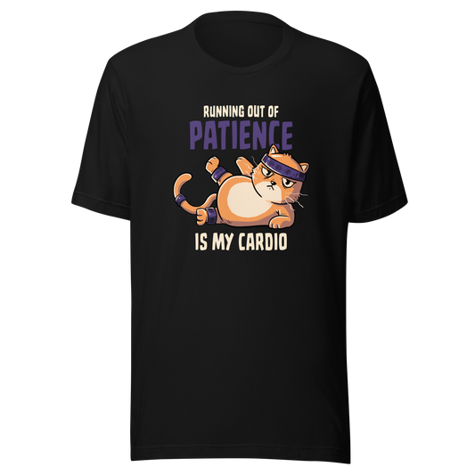 An orange kitten in gym clothes mid-aerobics, serving effort… and attitude. Paired with the phrase "Running Out Of Patience Is My Cardio", this funny cat design is perfect for anyone who considers sarcasm their main workout. A playful, relatable illustration for cat lovers, gym avoiders, and fans of witty humor.