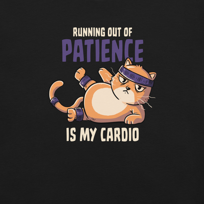 An orange kitten in gym clothes mid-aerobics, serving effort… and attitude. Paired with the phrase "Running Out Of Patience Is My Cardio", this funny cat design is perfect for anyone who considers sarcasm their main workout. A playful, relatable illustration for cat lovers, gym avoiders, and fans of witty humor.