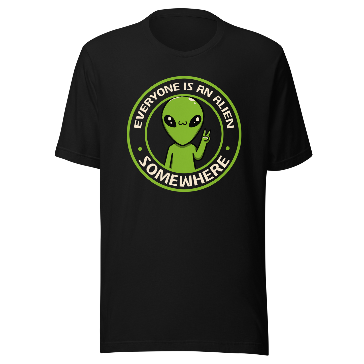A stamp-style design of a green alien making a “V” sign, paired with the phrase “Everyone Is An Alien Somewhere”. A playful artwork about feeling different and embracing individuality.