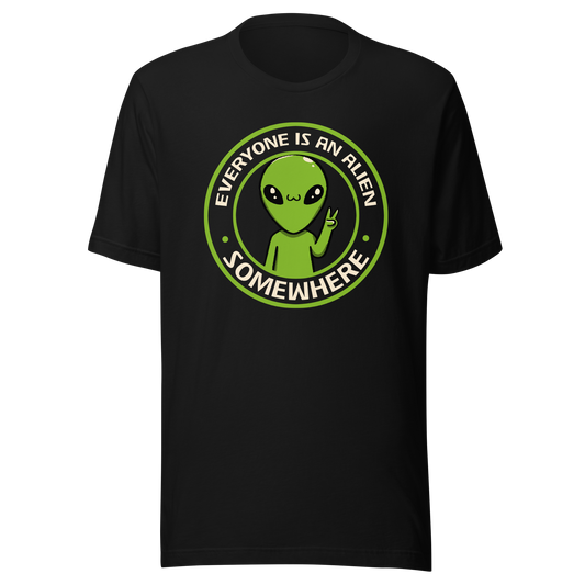 A stamp-style design of a green alien making a “V” sign, paired with the phrase “Everyone Is An Alien Somewhere”. A playful artwork about feeling different and embracing individuality.