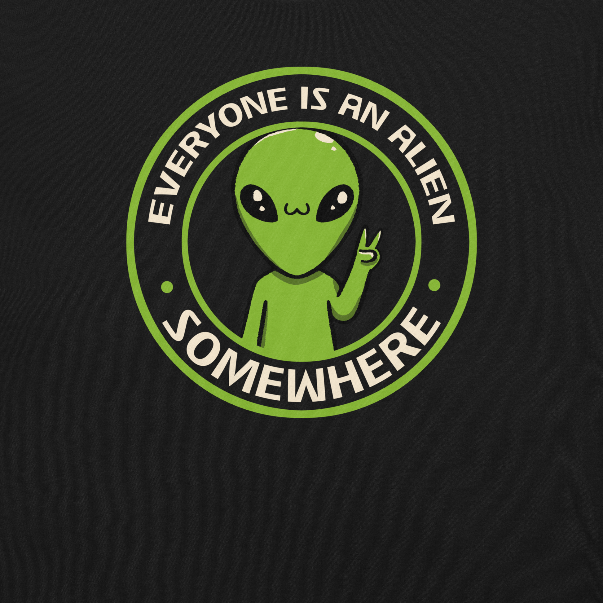 A stamp-style design of a green alien making a “V” sign, paired with the phrase “Everyone Is An Alien Somewhere”. A playful artwork about feeling different and embracing individuality.