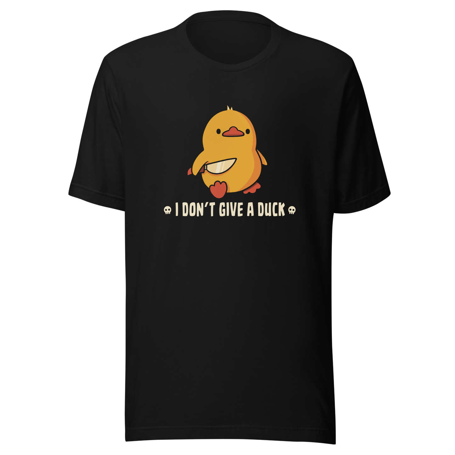 A cute yellow duck holding a small knife, around it the text "I Don't Give a Duck". An art that mixes humor with the temperament of ducks.