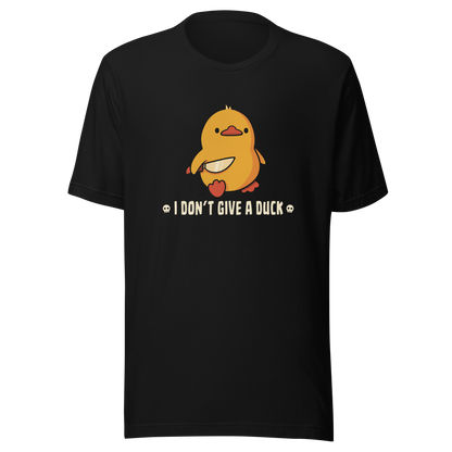 A cute yellow duck holding a small knife, around it the text "I Don't Give a Duck". An art that mixes humor with the temperament of ducks.