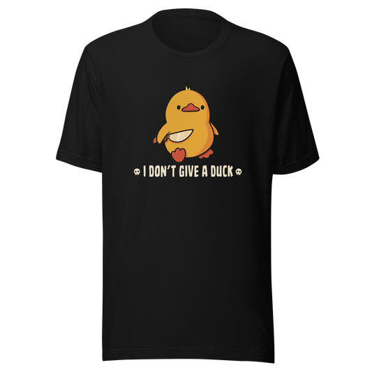 A cute yellow duck holding a small knife, around it the text "I Don't Give a Duck". An art that mixes humor with the temperament of ducks.