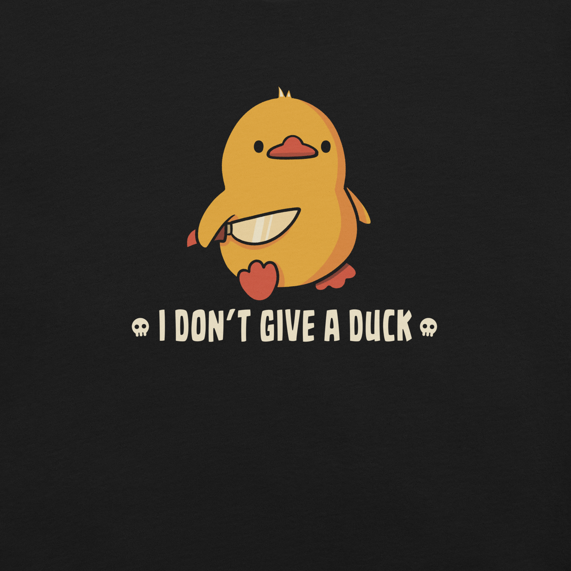 A cute yellow duck holding a small knife, around it the text "I Don't Give a Duck". An art that mixes humor with the temperament of ducks.