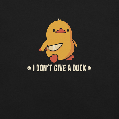 A cute yellow duck holding a small knife, around it the text "I Don't Give a Duck". An art that mixes humor with the temperament of ducks.