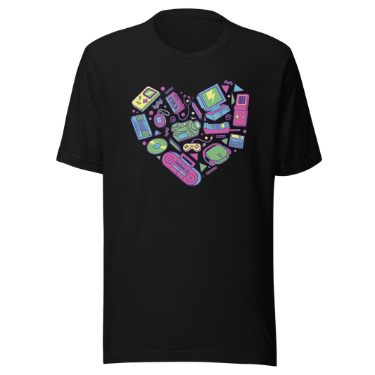 A heart made of iconic 90s electronics like computers, Walkmans, telephones, video game consoles, and Discmen, all in vibrant neon colours. A bold, nostalgic artwork perfect for anyone who loves retro tech and 90s vibes.