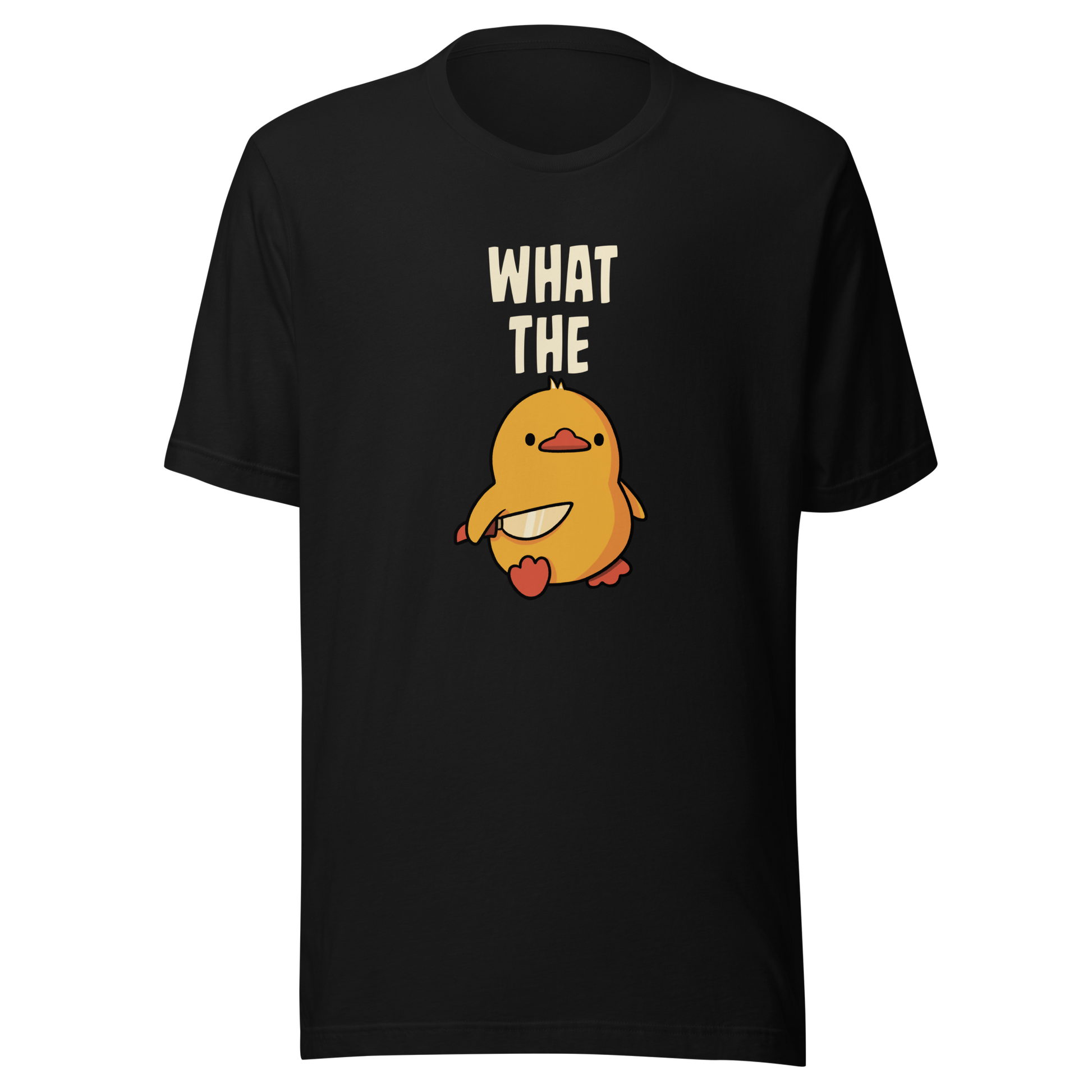 A cute yellow duck holding a small knife, with “What The” above it, completed by the duck below to read “What The Duck”. A playful mix of sweet and chaotic humor.