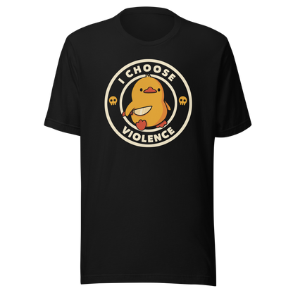 A cute yellow duck holding a small knife, around it the text "I choose violence". An art that mixes humor with the temperament of ducks.