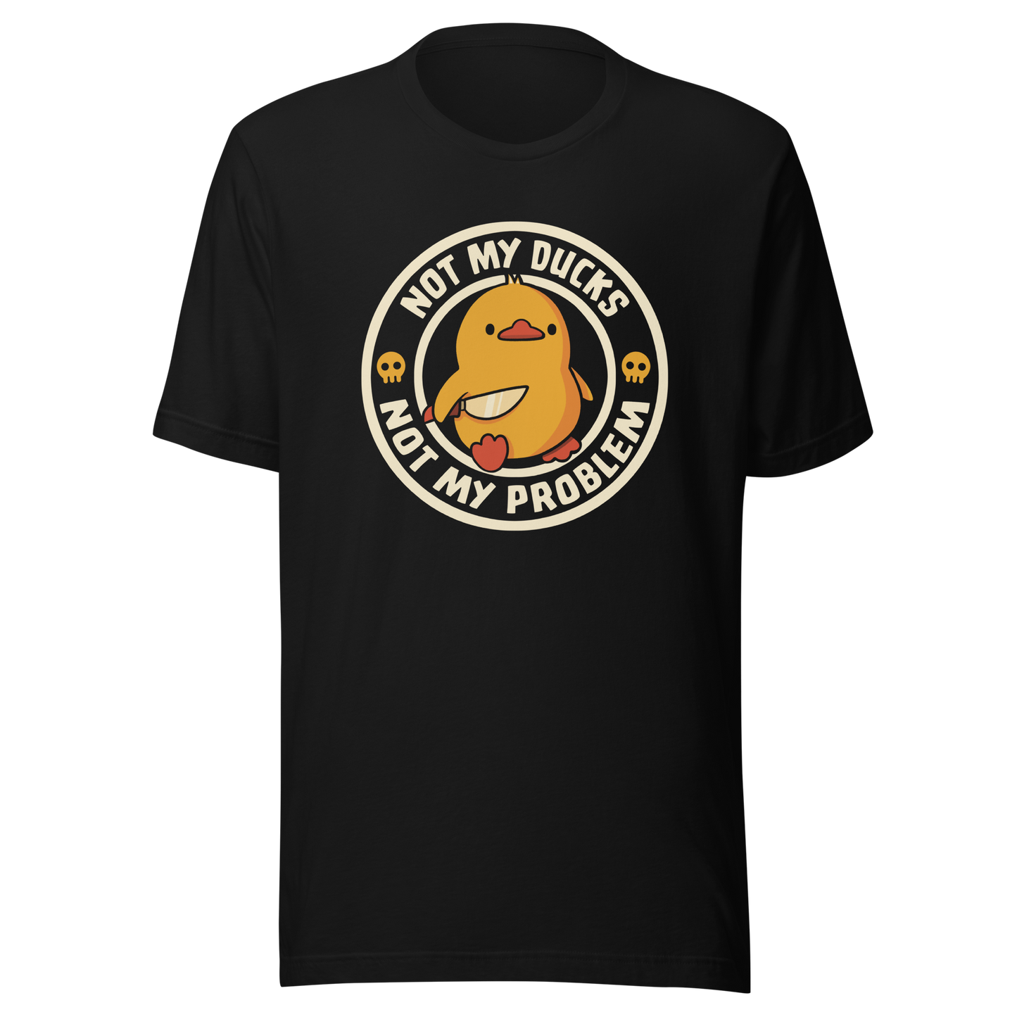 A cute yellow duck holding a tiny knife with an unexpectedly fierce attitude. Around it, the phrase "Not My Ducks Not My Problem" adds a sarcastic twist to the sweet but chaotic vibe. A playful design that blends humor, duck drama, and a touch of unapologetic mischief, perfect for fans of witty, slightly unhinged art.
