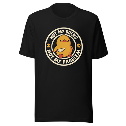 A cute yellow duck holding a tiny knife with an unexpectedly fierce attitude. Around it, the phrase "Not My Ducks Not My Problem" adds a sarcastic twist to the sweet but chaotic vibe. A playful design that blends humor, duck drama, and a touch of unapologetic mischief, perfect for fans of witty, slightly unhinged art.