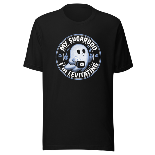 A cute stamp-style ghost holding a coffee and flashing a peace sign, surrounded by the phrase ‘My Sugarboo I’m Levitating’. Sweet, spooky and playful, perfect for Halloween lovers and fans of cute, romantic designs.