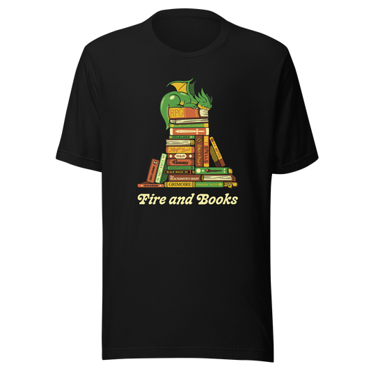 A dragon sleeps peacefully atop a stack of magic, RPG and mythology books with the phrase “Fire and Books” below. Blending fantasy and a love of reading, this design is perfect for RPG fans, fantasy readers and anyone who keeps their inner fire alive through stories.