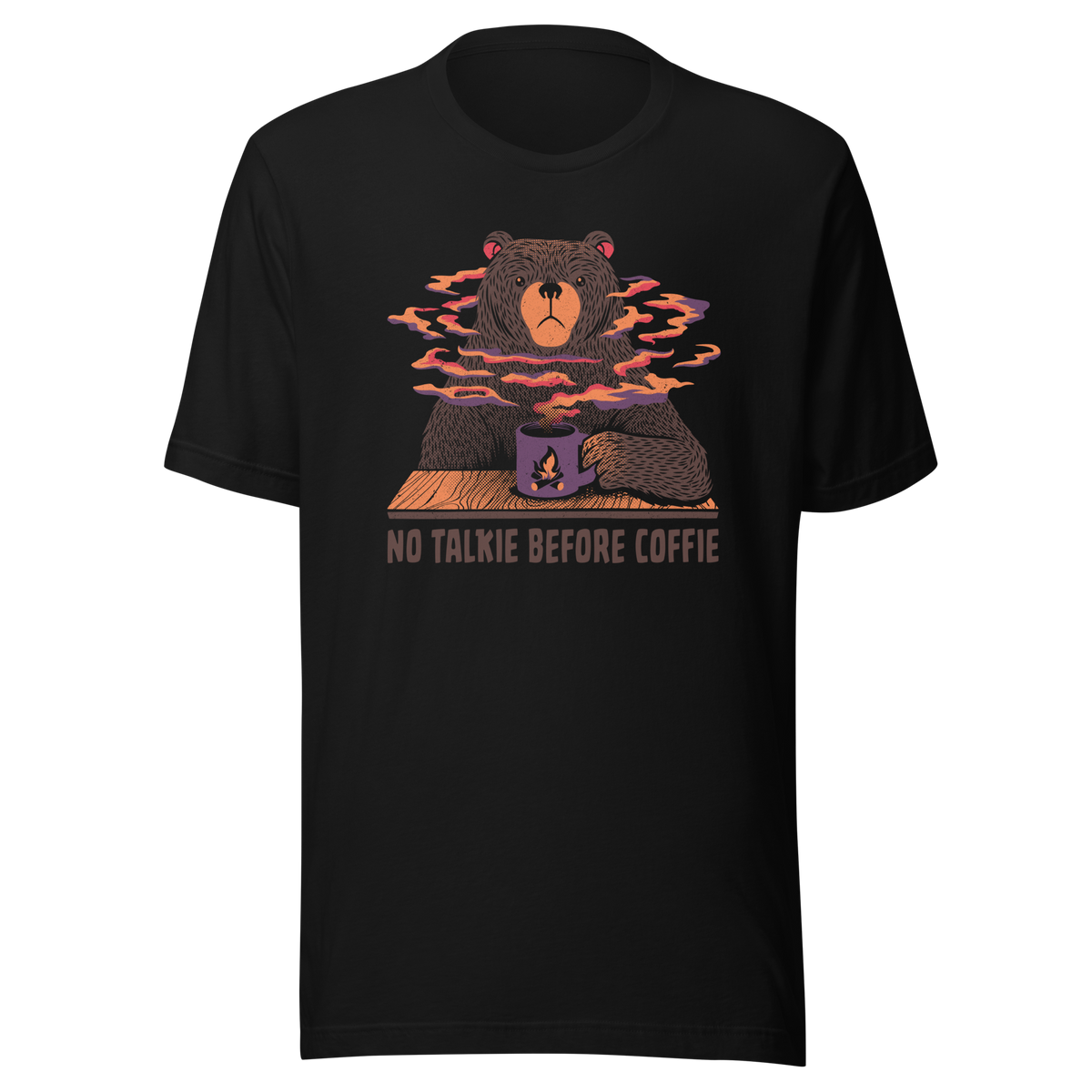 A large brown bear holding a purple coffee cup with a campfire design, with steam rising as if the coffee were piping hot. Below it appears the phrase ‘No Talkie Before Coffie’. A fun design for coffee lovers and anyone who isn’t ready to talk before their first cup.