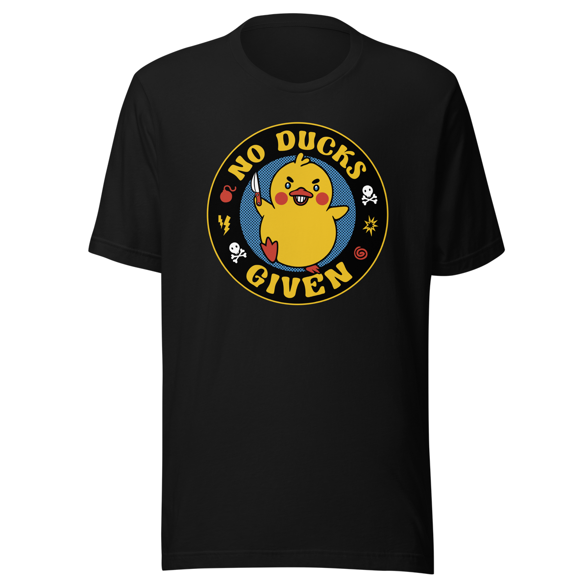 A cute yellow duck holding a small knife, around it the text "No Ducks Given". An art that mixes humor with the temperament of ducks.