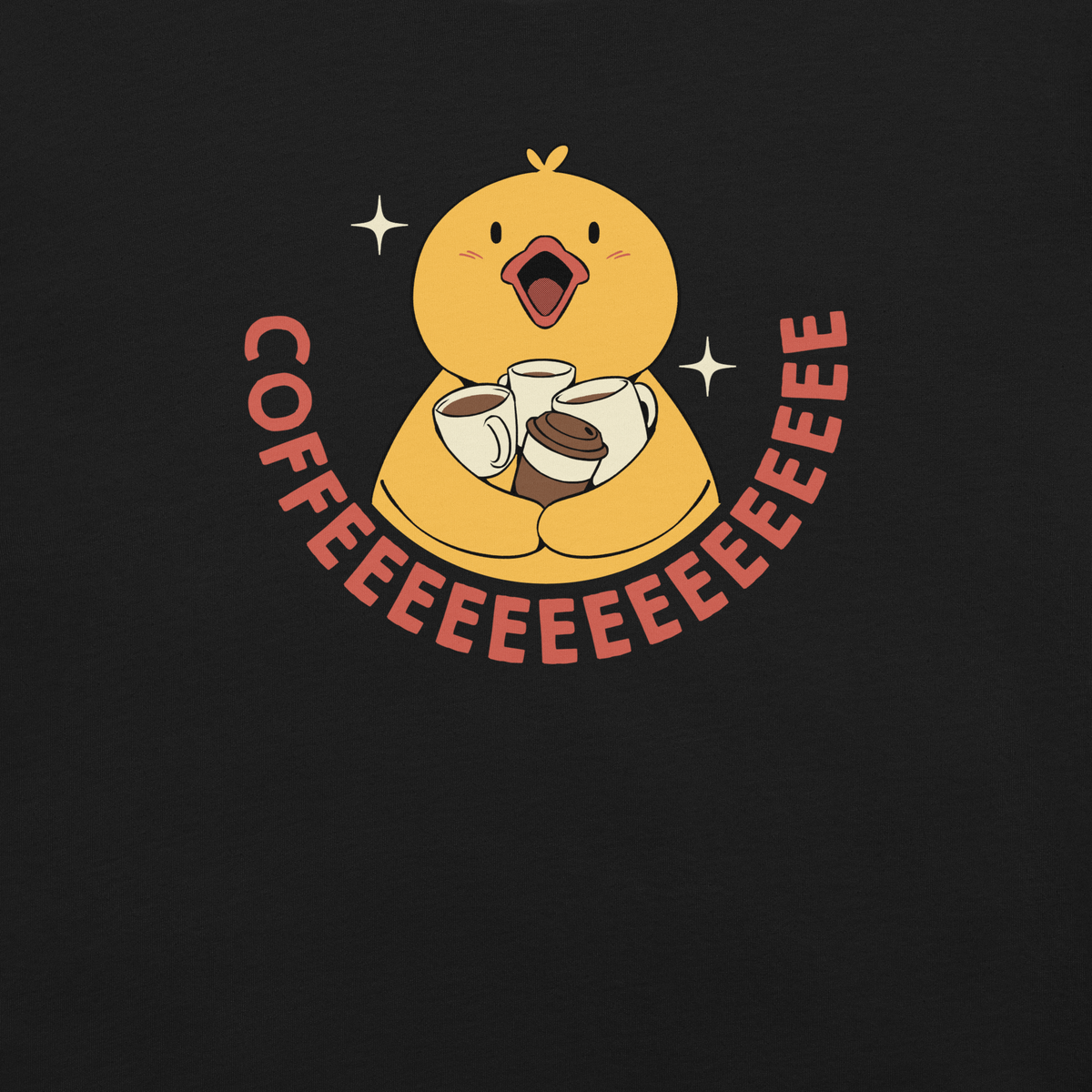 A cute and lively duck holds several cups of coffee, demonstrating his devotion to caffeine. This fun design perfectly captures the feeling of needing a good dose of coffee to get through the day. Ideal for coffee lovers and people who need a dose of caffeine to start the day.