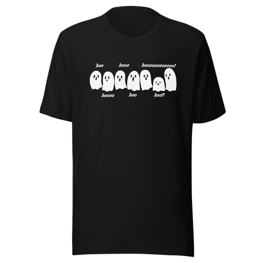 Six adorable little ghosts lined up with playful 'boos' floating beside them, as if they’re giving tiny scares. A cute and light-hearted design that captures the fun side of Halloween, perfect for anyone who loves spooky things with a sweet twist.