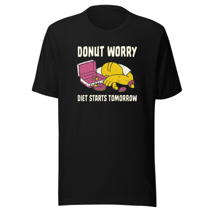 A playful design featuring a sleepy yellow cartoon character next to an open box of donuts, surrounded by crumbs and icing, with the phrase “Donut Worry Diet Starts Tomorrow”. Sweet, relatable and full of humor, it’s the perfect gift for donut lovers and anyone who believes diets can always start tomorrow.