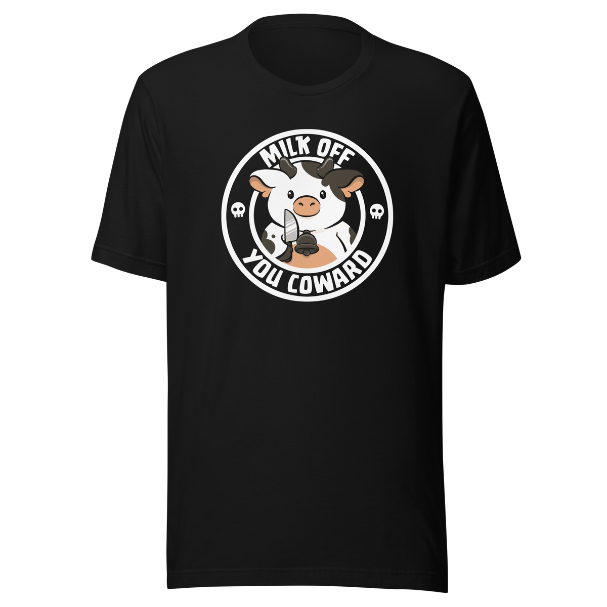 A quirky stamp-style design featuring a cute spotted cow holding a knife alongside the phrase "Milk Off You Coward". Blending dark humour with a cheeky attitude, this playful design is perfect for cow lovers, fans of sarcastic humour, and anyone who enjoys bold, irreverent artwork.