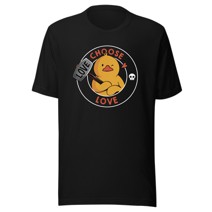 This bold and charming artwork features an adorable duck wielding a hammer labeled "LOVE", framed by the empowering phrase “Choose Love”. Balancing cuteness with a strong message, the design offers a playful yet meaningful visual statement. Perfect for duck lovers and those who believe in leading with kindness, even when it takes a bit of force.