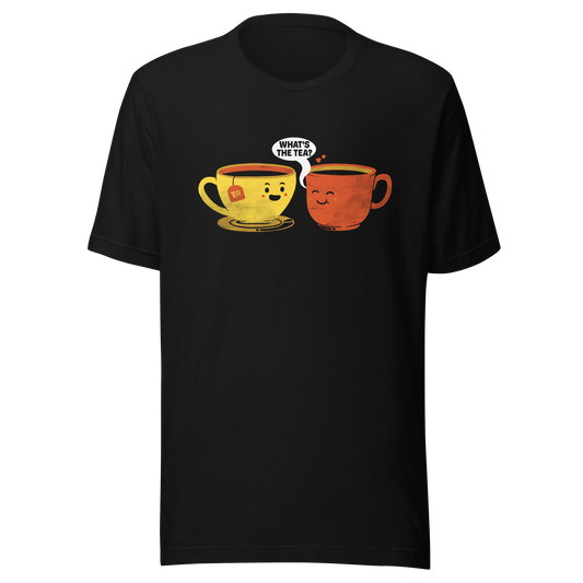 An illustration of a teacup beside a coffee mug that reads ‘What’s the tea?’. A playful design that blends café culture with a touch of humour. Perfect for tea lovers, coffee addicts, and anyone who enjoys a cozy drink and a bit of gossip.