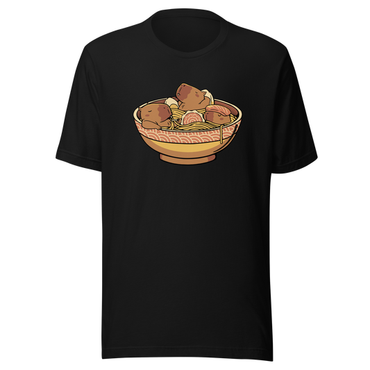 A bowl of ramen filled with noodles and toppings, together with these ingredients we have some small capybaras as if they were napping. A very cute art for those who like Japanese food and cute capybaras.