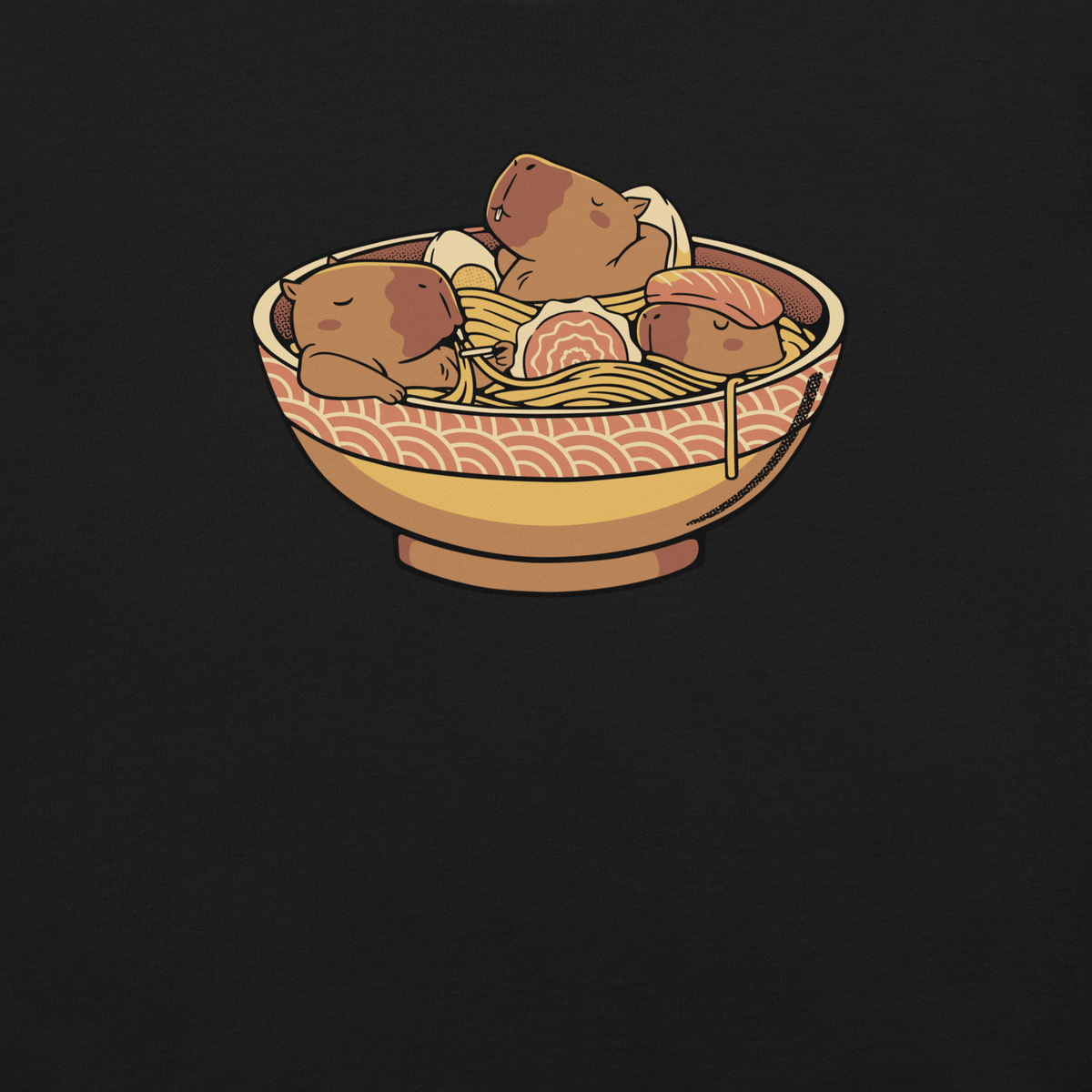 A bowl of ramen filled with noodles and toppings, together with these ingredients we have some small capybaras as if they were napping. A very cute art for those who like Japanese food and cute capybaras.