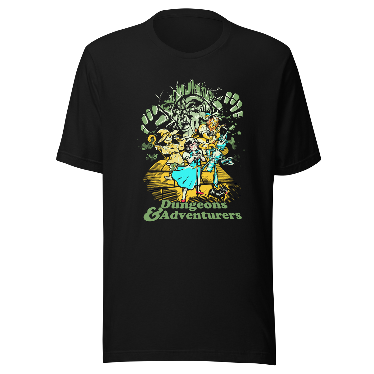 Fantasy-inspired adventure design featuring classic storybook characters on a dungeon quest. Retro comic style artwork with dark fantasy elements and vintage textures.