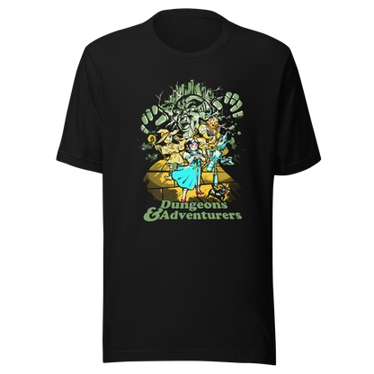 Fantasy-inspired adventure design featuring classic storybook characters on a dungeon quest. Retro comic style artwork with dark fantasy elements and vintage textures.