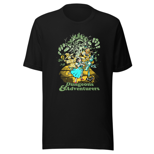 Fantasy-inspired adventure design featuring classic storybook characters on a dungeon quest. Retro comic style artwork with dark fantasy elements and vintage textures.