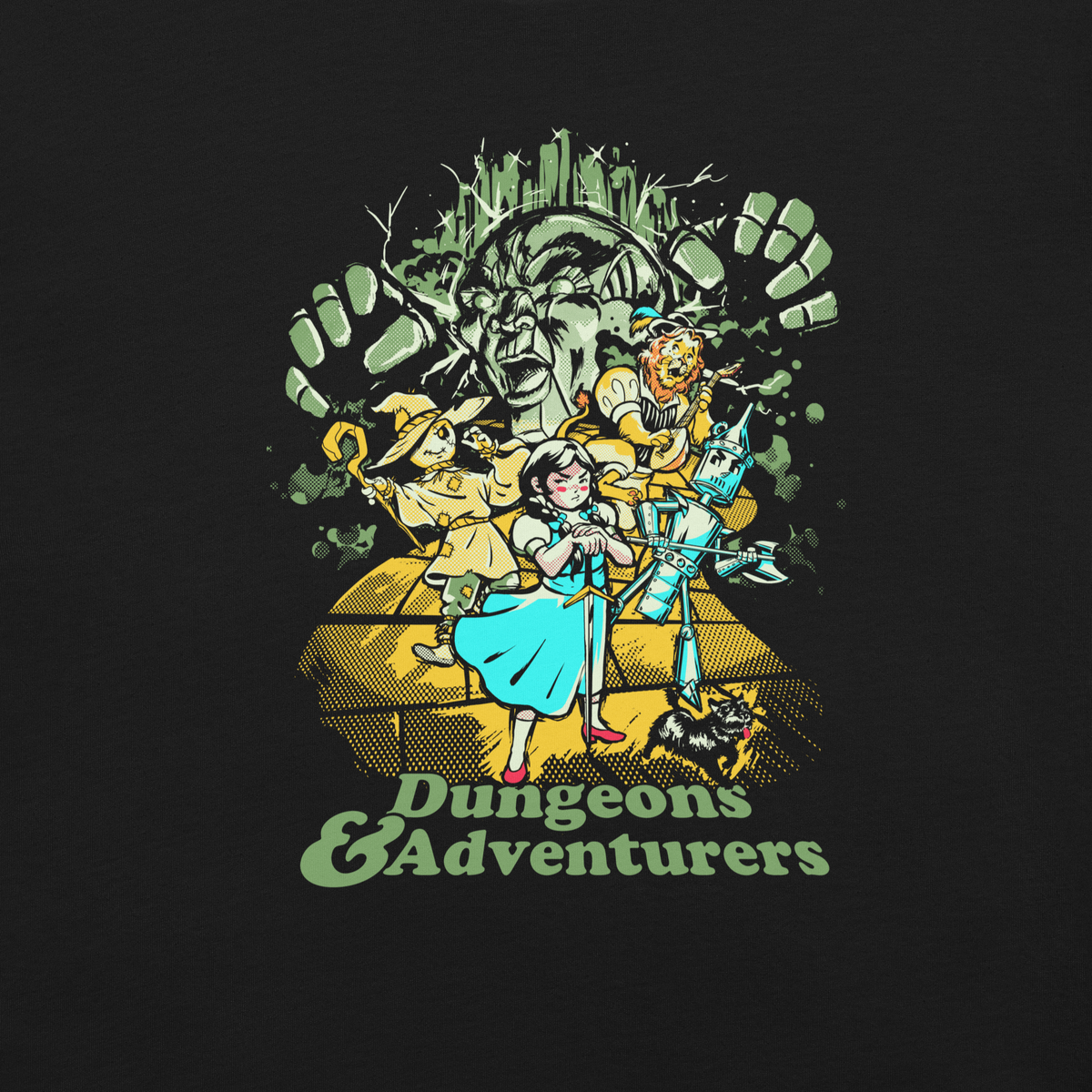 Fantasy-inspired adventure design featuring classic storybook characters on a dungeon quest. Retro comic style artwork with dark fantasy elements and vintage textures.