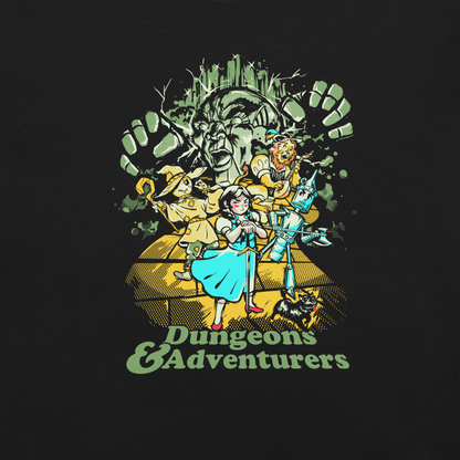 Fantasy-inspired adventure design featuring classic storybook characters on a dungeon quest. Retro comic style artwork with dark fantasy elements and vintage textures.