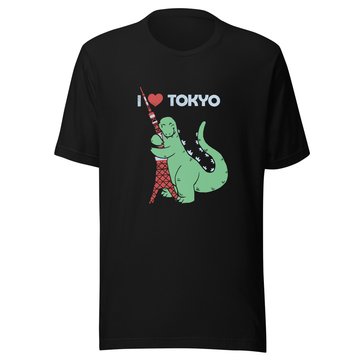 Funny cartoon monster hugging the Tokyo Tower under an “I Love Tokyo” sign. Retro-style parody artwork with vintage textures and playful giant-creature humor.