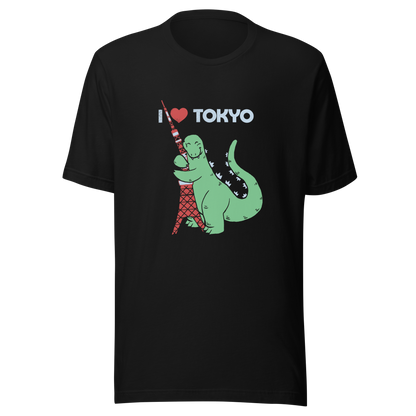 Funny cartoon monster hugging the Tokyo Tower under an “I Love Tokyo” sign. Retro-style parody artwork with vintage textures and playful giant-creature humor.