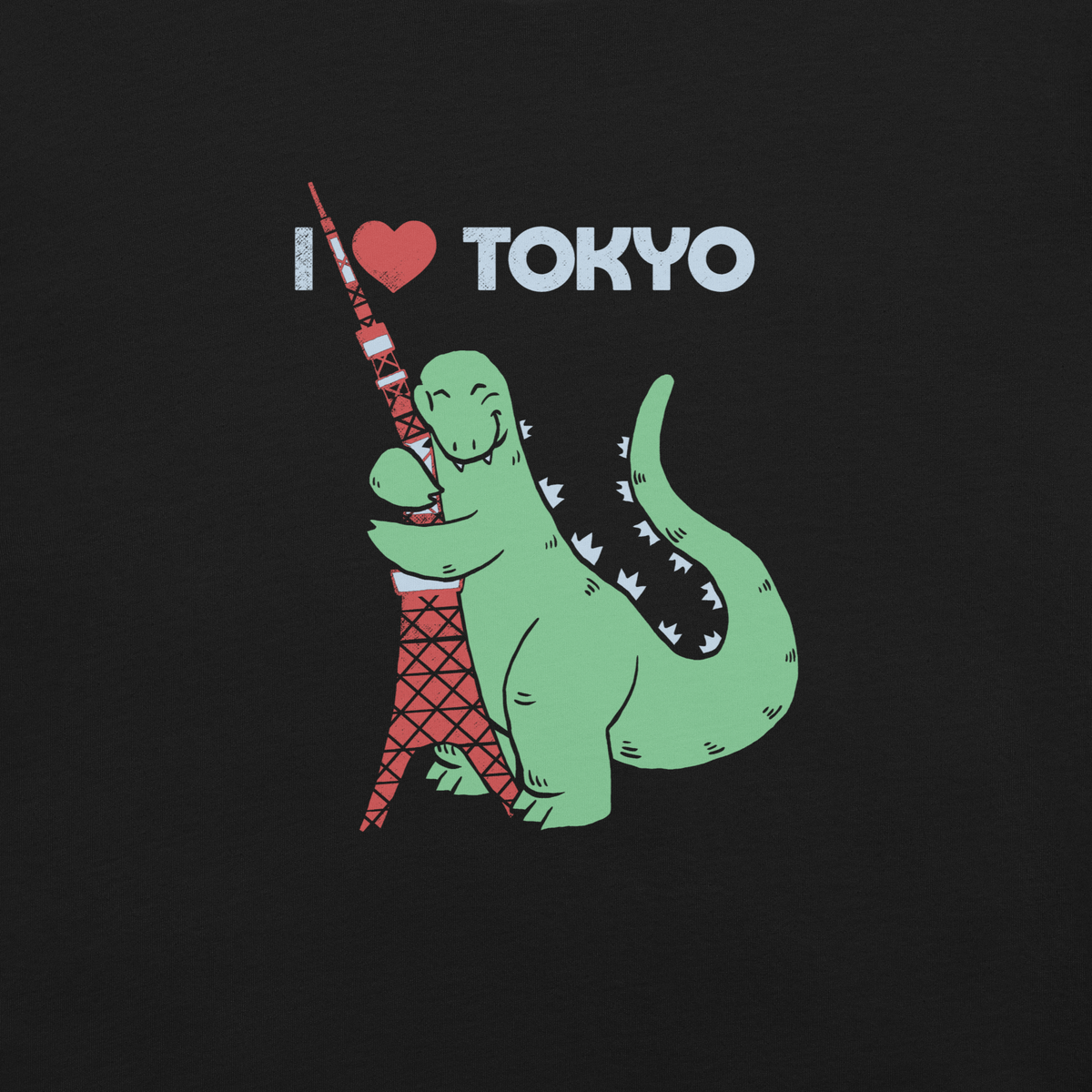 Funny cartoon monster hugging the Tokyo Tower under an “I Love Tokyo” sign. Retro-style parody artwork with vintage textures and playful giant-creature humor.