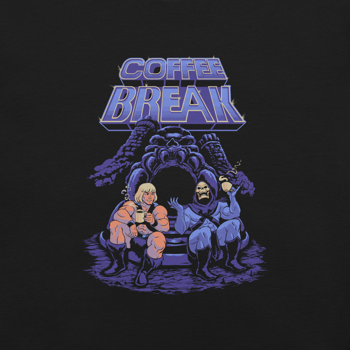A bold retro-inspired fantasy illustration featuring a powerful blonde warrior and a mysterious hooded skeleton enjoying a well-deserved coffee break. A large dimensional “COFFEE BREAK” title dominates the scene, creating a playful contrast between heroic fantasy imagery and an everyday caffeine ritual. The detailed artwork evokes classic 1980s sword-and-sorcery illustration, underground comic aesthetics, and nostalgic fantasy culture.