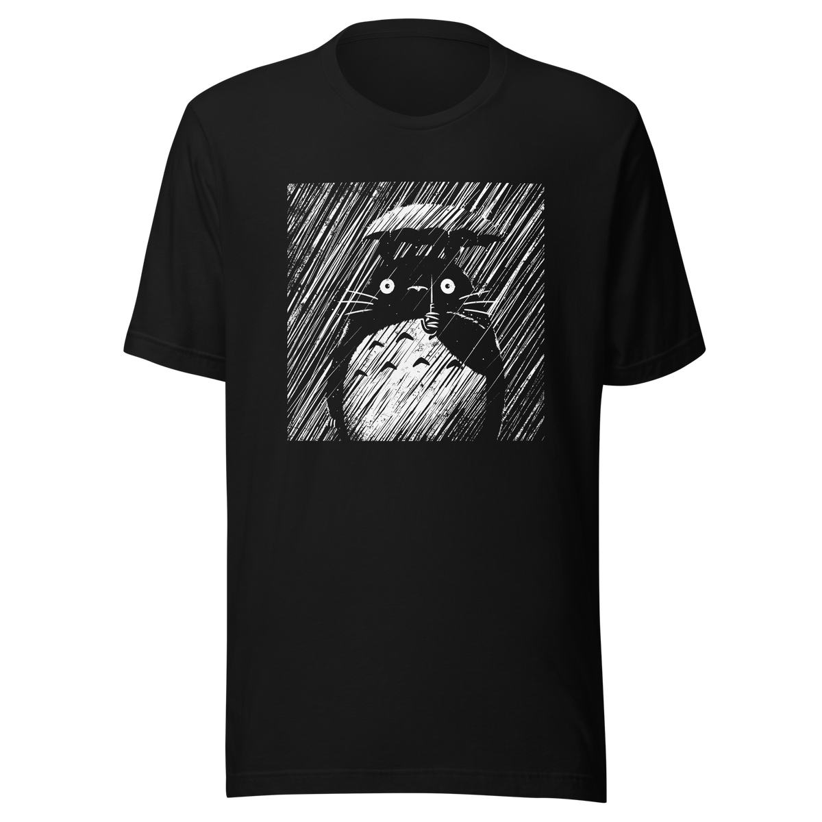 A large forest spirit stands still in the rain, holding a tiny umbrella while soaking in the storm. This black and white design captures a quiet, emotional moment with a vintage, textured style.