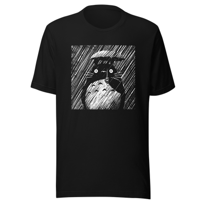 A large forest spirit stands still in the rain, holding a tiny umbrella while soaking in the storm. This black and white design captures a quiet, emotional moment with a vintage, textured style.